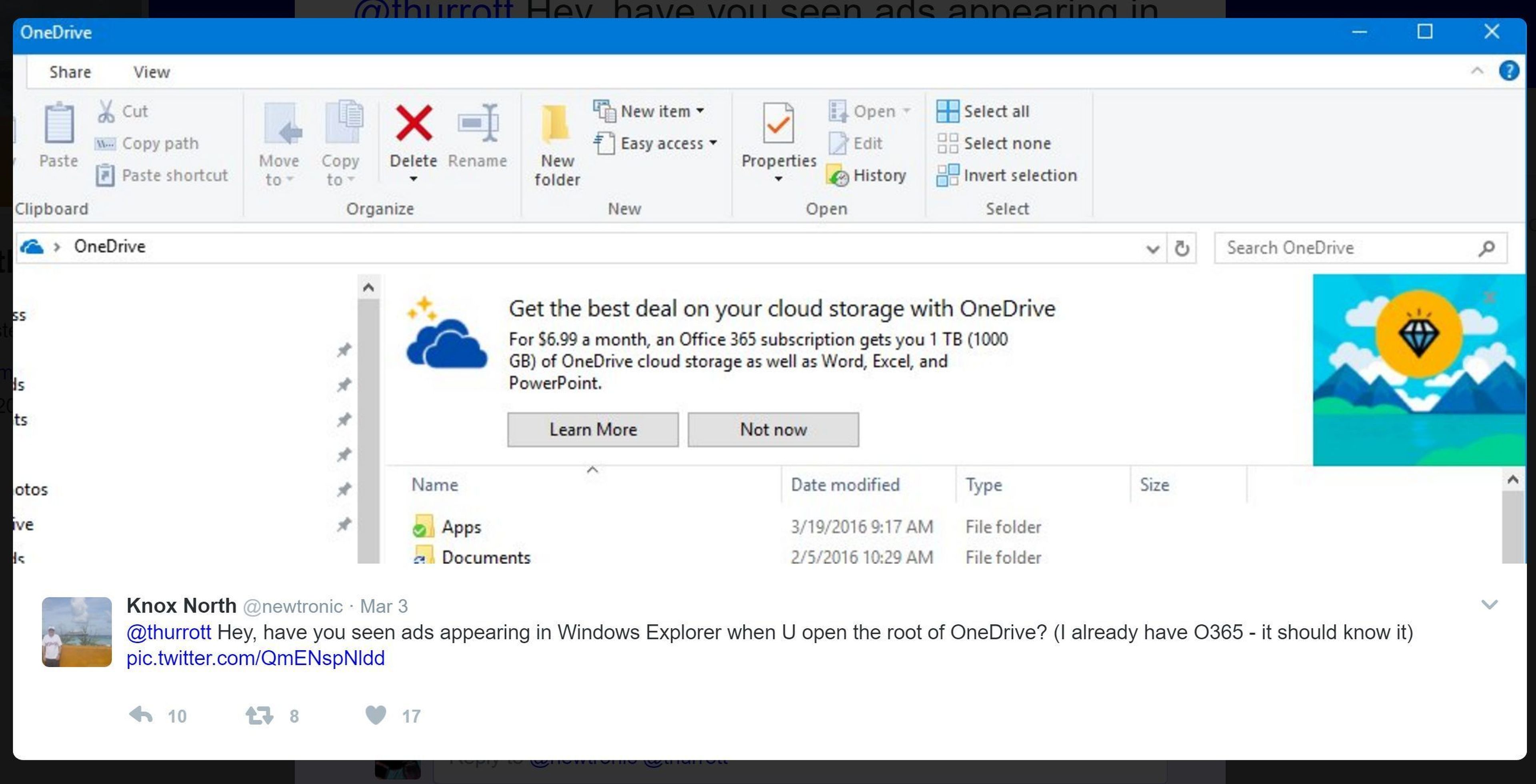 Windows 10 now shows ads in file explorer